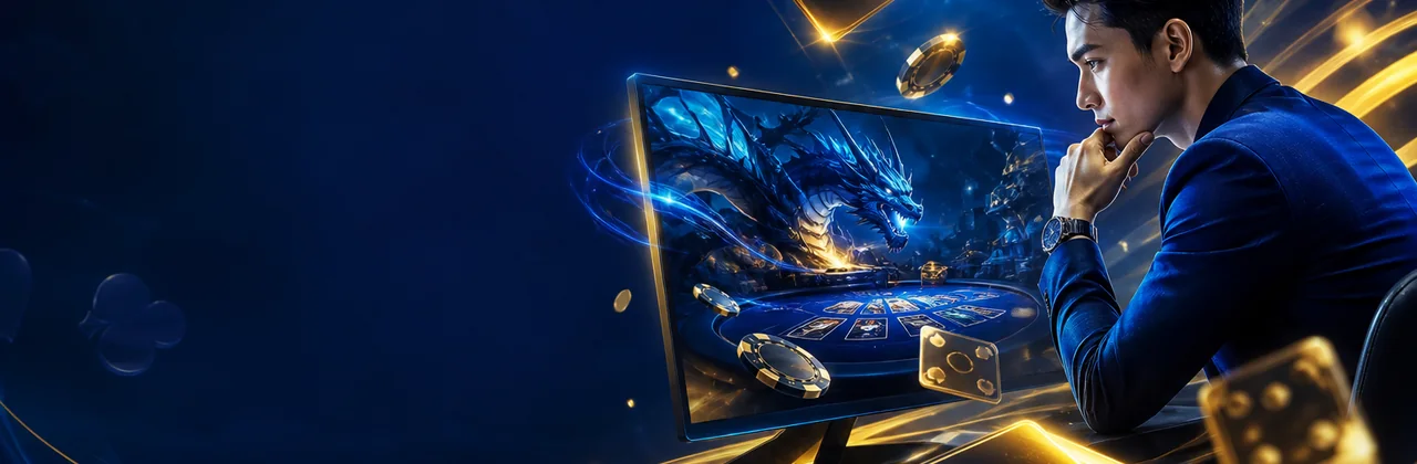 Banner đánh giá sảnh game với quân bài và chip phát sáng
