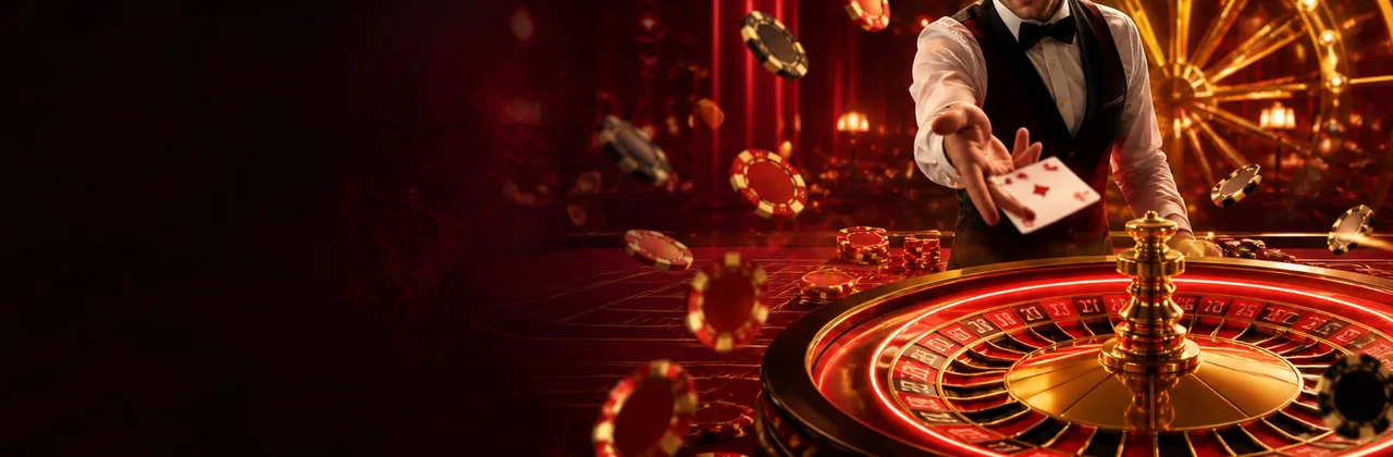 Banner casino trực tuyến với bàn roulette và người chia bài