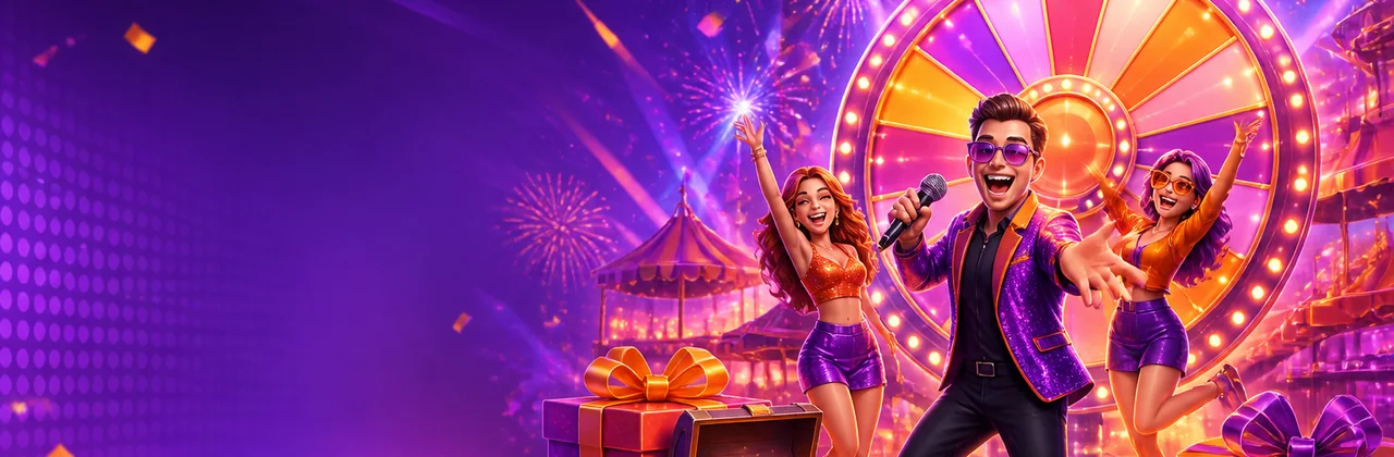 Banner sự kiện giải trí với vòng quay neon và hộp quà